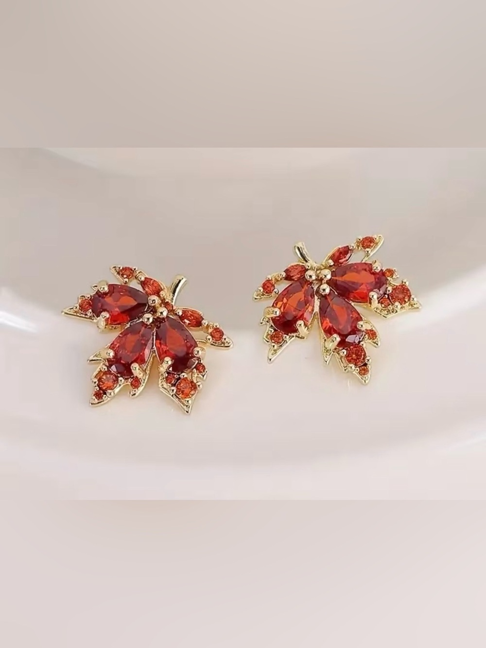 Gold Leaf Brown/Red Crystal Stud Earrings